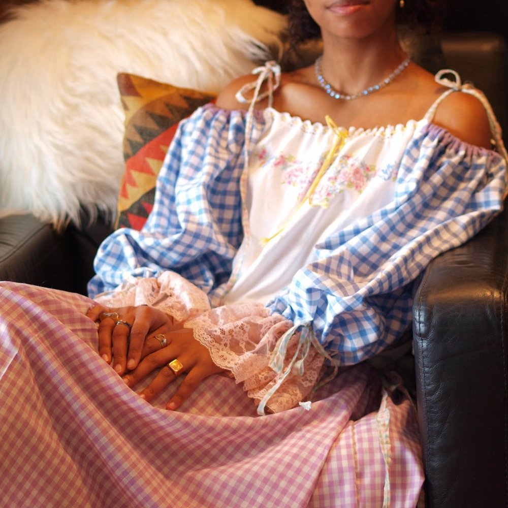 Handmade Tea Towel Dress Gingham Check Print Floral Romantic Midi Boho Dress